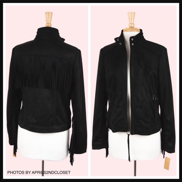 BLACK VEGAN SUEDE BOHO FRINGE MOTO JACKET A3C - Picture 2 of 8